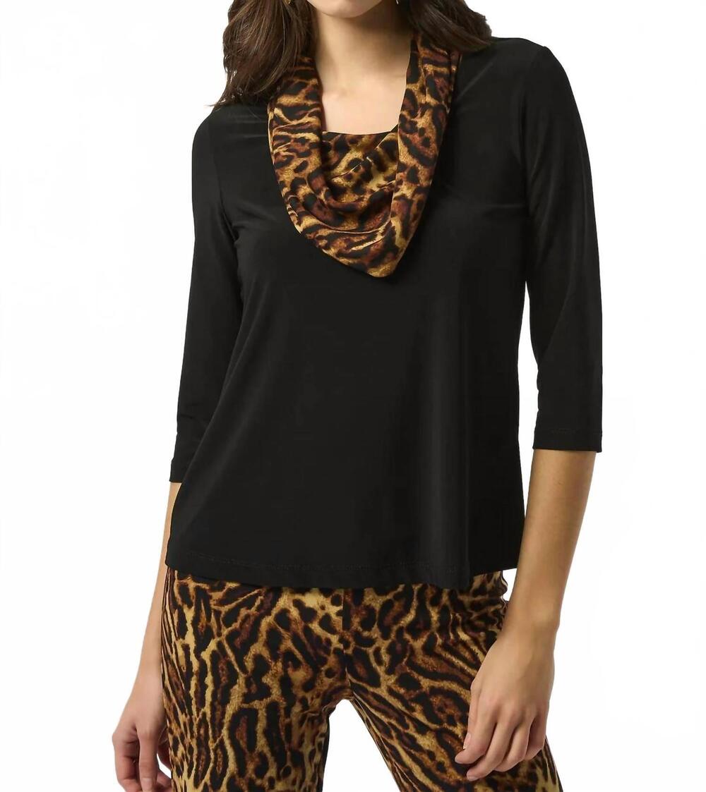 NEW JOSEPH RIBKOFF animal print cowl neck long sleeves top in black/brown